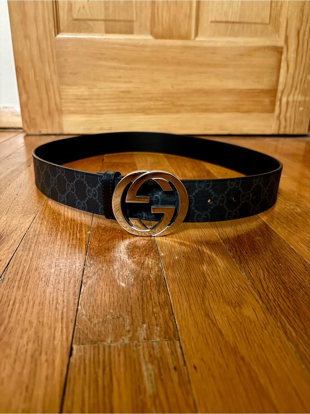 Gucci Black GG Canvas Belt with Silver Double G Buckle